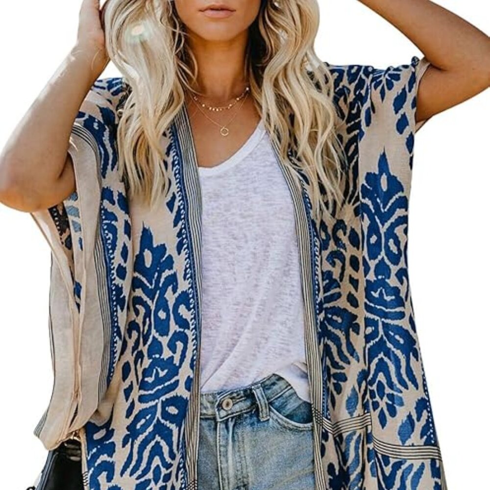 Women Print Kimono Cardigan V Neck Loose Beach Cover Up, Blue & White